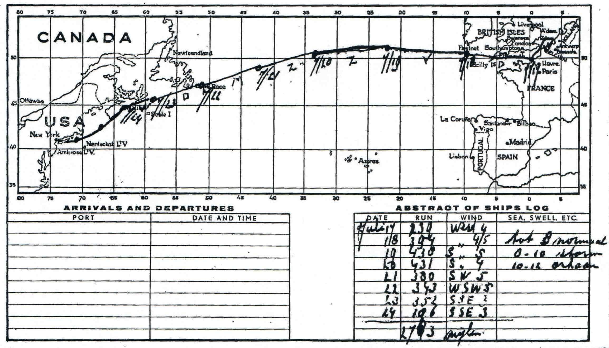 Every person aboard the ship was given a map. The above was my father’s map which tracked our route from The Netherlands to Canada.