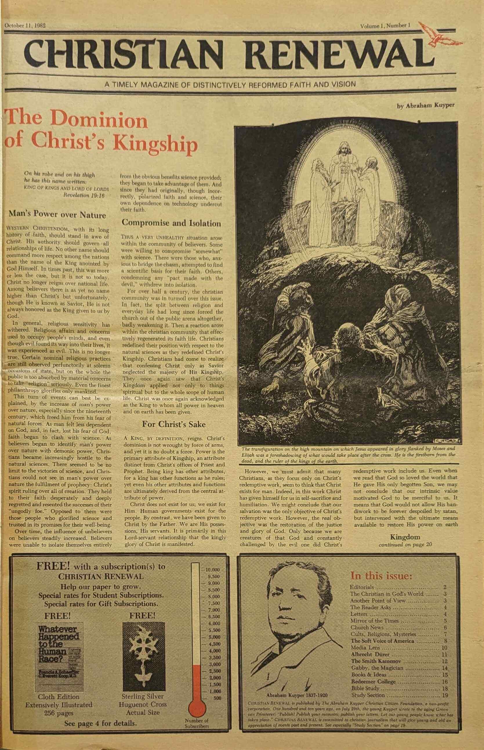 The front page of the first issue of Christian Renewal.