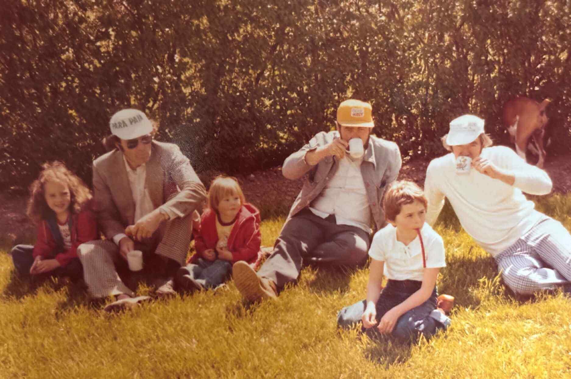 Painting break with the brothers — from left to right: Myself, Uncle Hank, Uncle Gerrit; with Natalie, Valerie, Caroline, and our dog Tinker in the background. Circa 1979–1980.